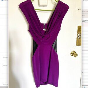 Bebe Purple Silk Sheer Black Cutout Open Back Cocktail Dress Sz XS